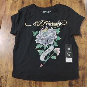 Ed Hardy Black Tee with Floral and Gold Accents Size Small